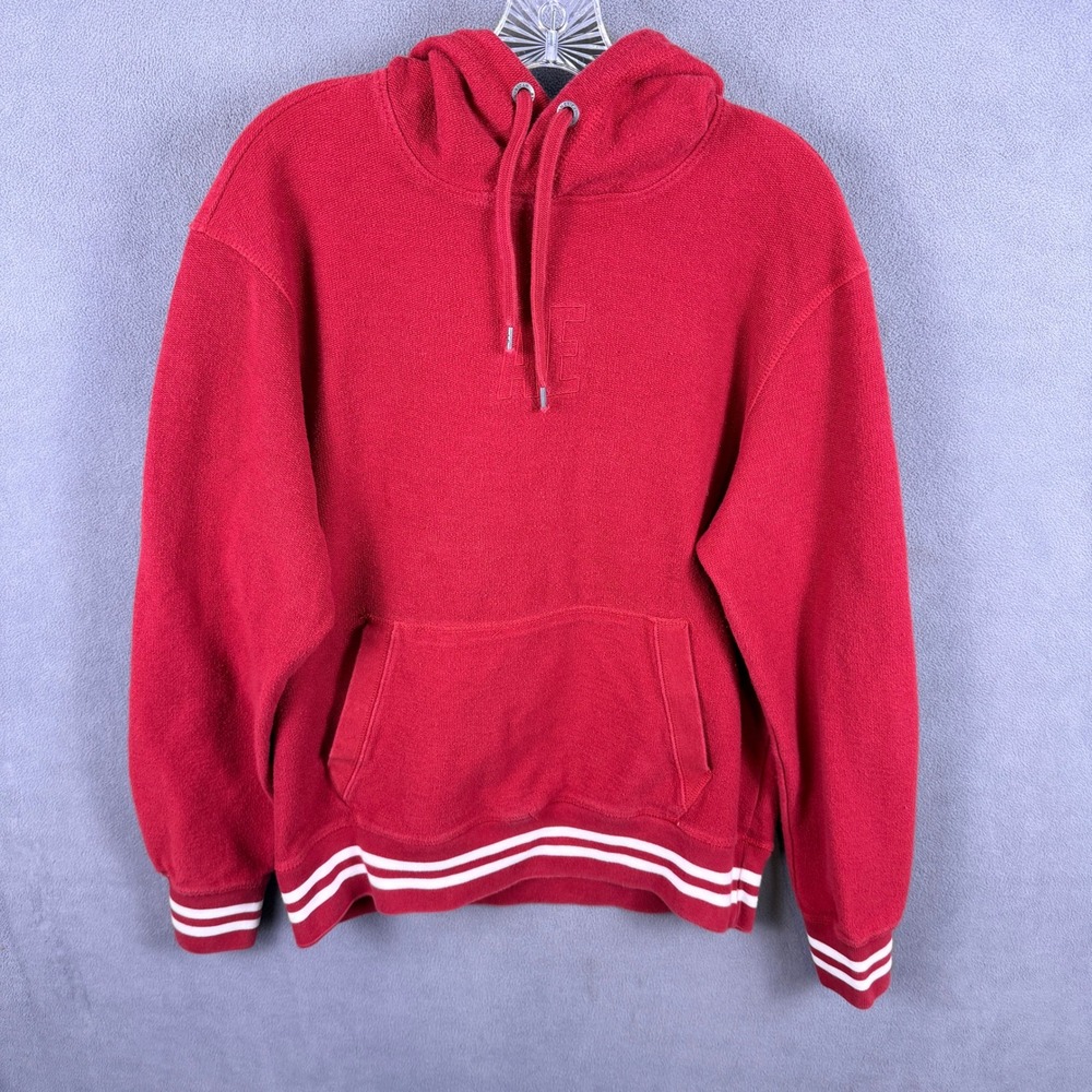 American Eagle Hoodie Mens Medium Tall Red Striped Trim Fleece Textured Premium